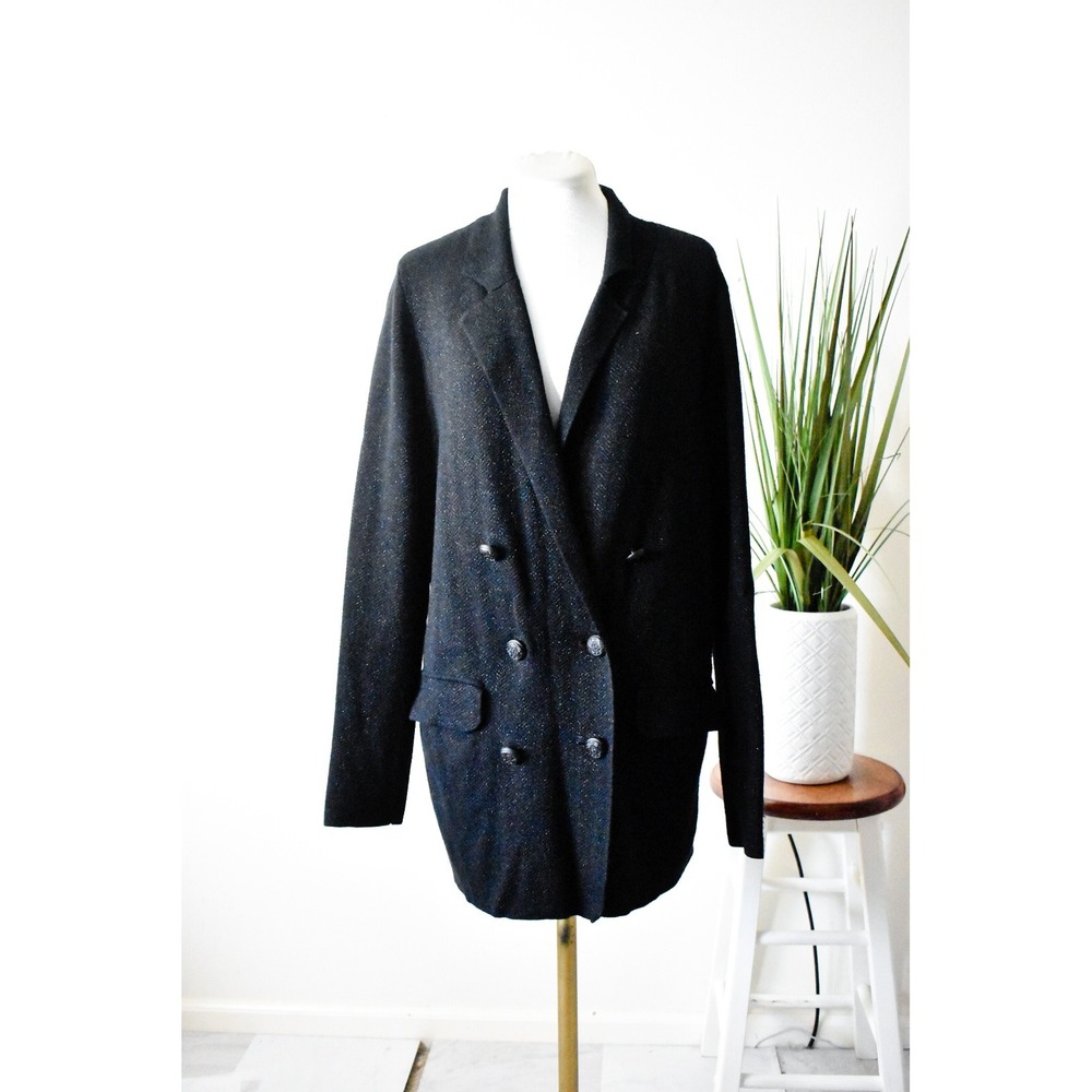 Express Knit Blazer Women Small Black Metallic Double Breasted Longline Crest